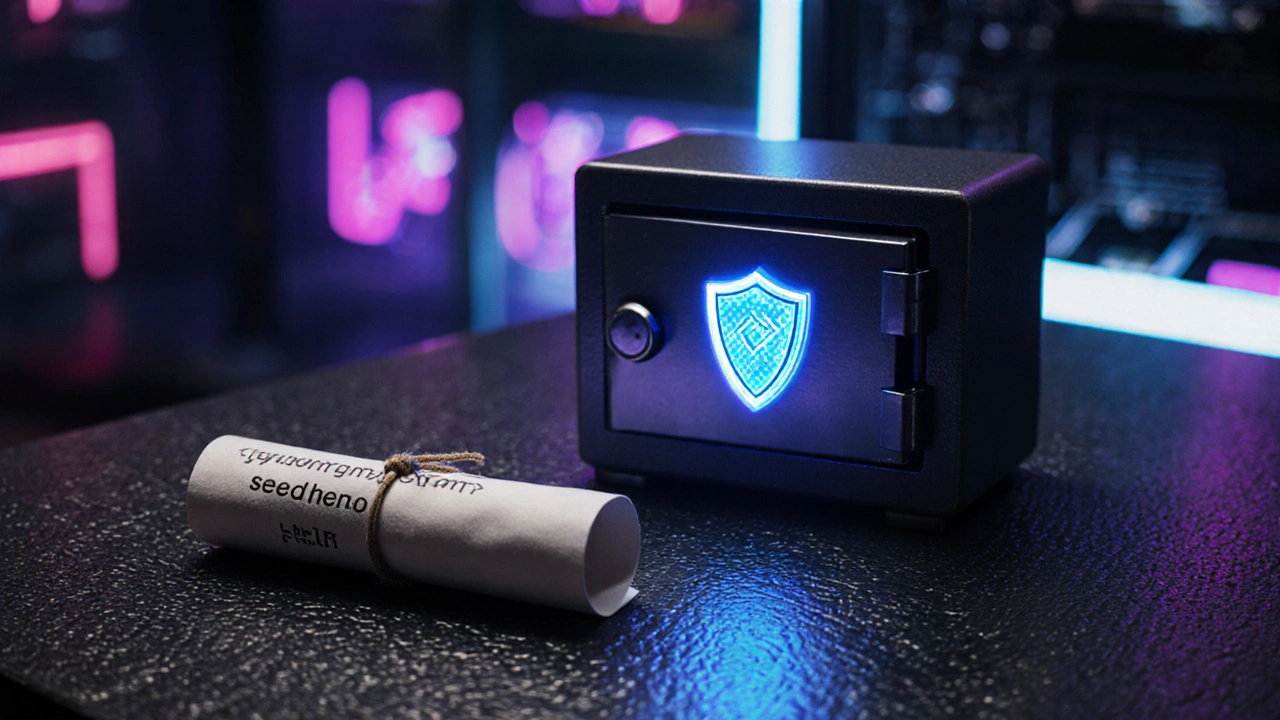 Hardware wallet with paper seed phrase and holographic shield in neon lighting.