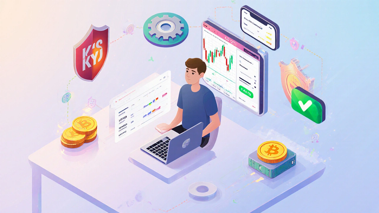 Isometric scene of a user completing KYC, setting leverage, and executing a futures trade.