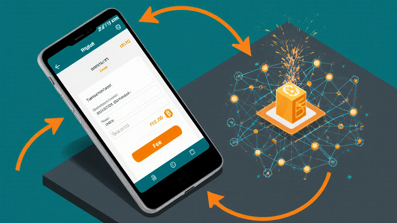 Isometric view of a crypto transaction flow from address entry to network nodes.