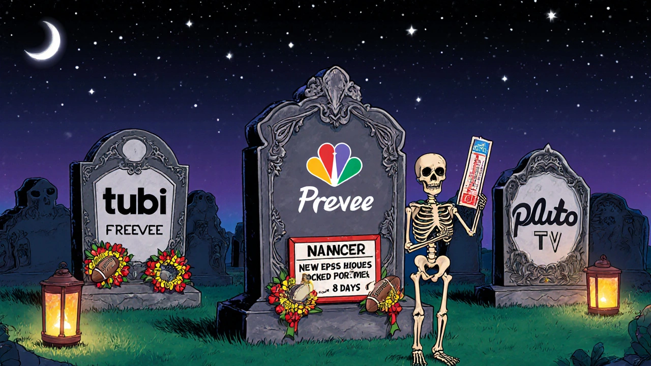 A cemetery of streaming services with Peacock’s tombstone marked by NBC and NFL icons, a visitor holding a free access ticket.