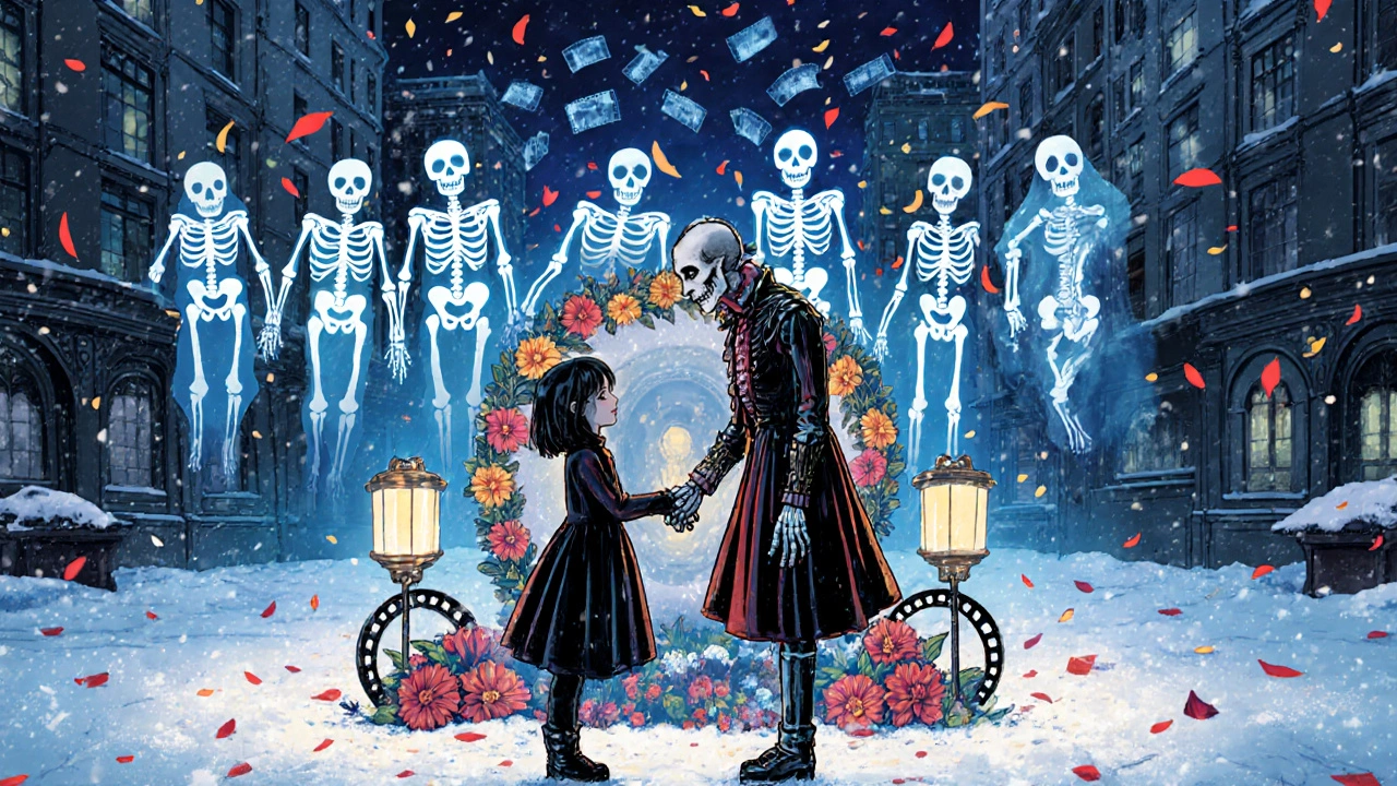 A child and vampire girl stand together under a snowy altar, their forms blending with skeletal art and lanterns.