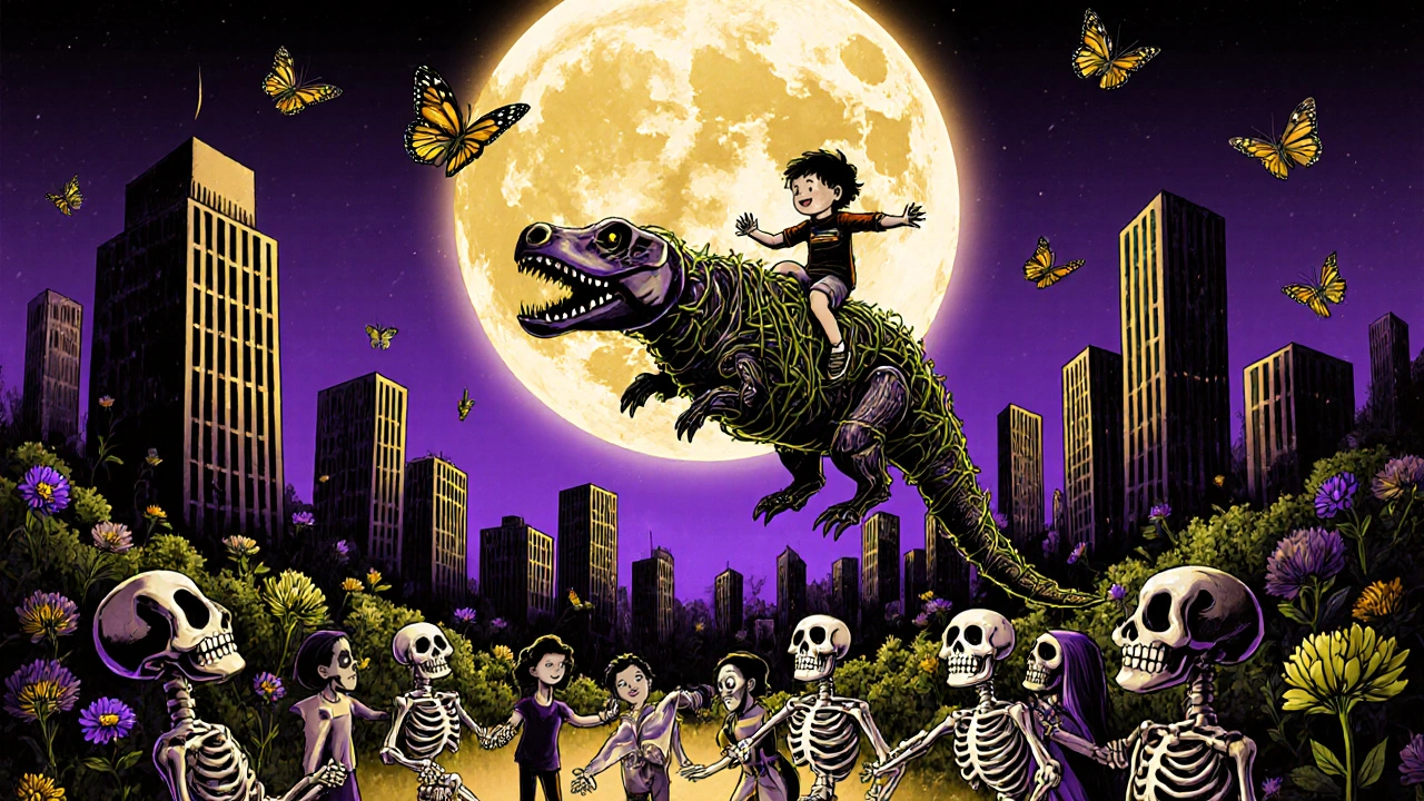 A child rides a vine-and-metal armadillo over a city turning into forest, as people dance with skeletal animals under a calavera moon.