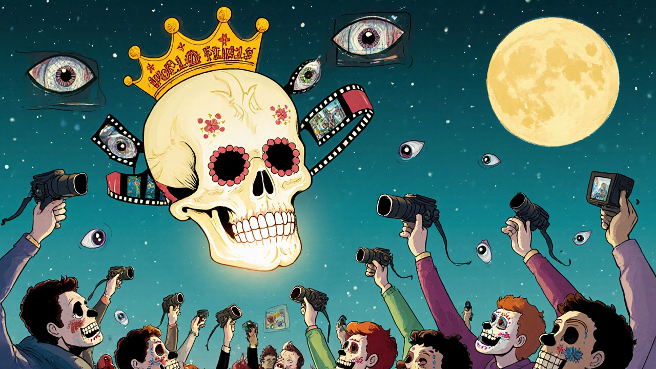 A film reel rises as a glowing skull crown, watched by indie filmmakers with sugar skull faces.