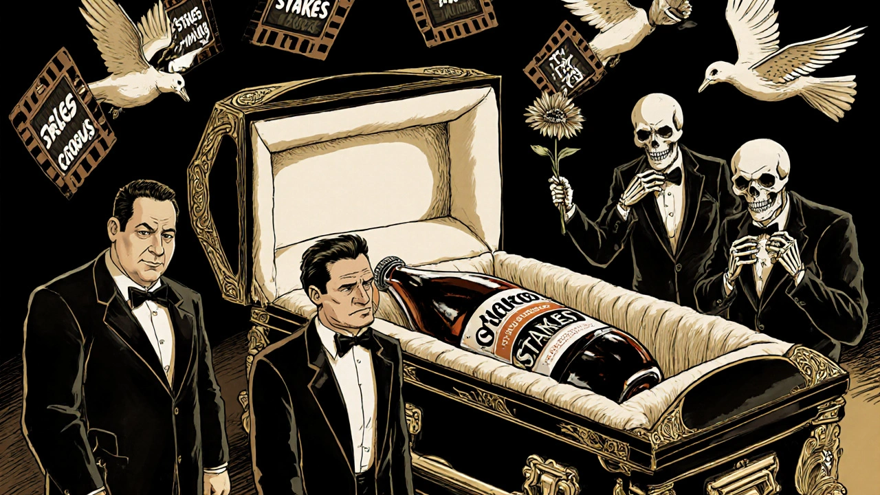 A funeral scene with a soda bottle in the casket, mourners reacting with subtle, perfect comic restraint.