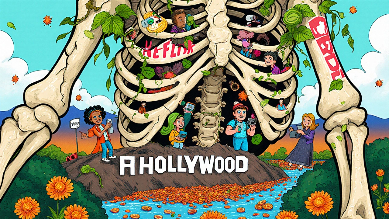 A giant skeleton embodying indie film spirit rises from a broken Hollywood sign, its body woven with streaming logos and tiny filmmakers holding phones.