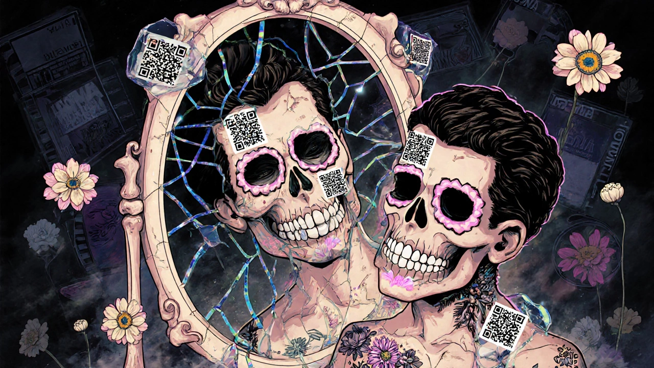 A man&#039;s face melting into his digital ghost, mirrored in a bone-and-pixel mirror, surrounded by glowing neural pathways and marigolds.