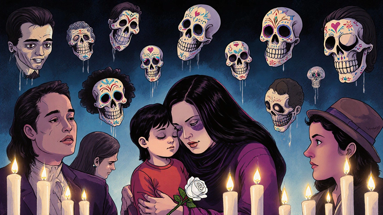 A mother grieves over her son as floating calaveras of all characters watch silently, lit by flickering ofrenda candles.
