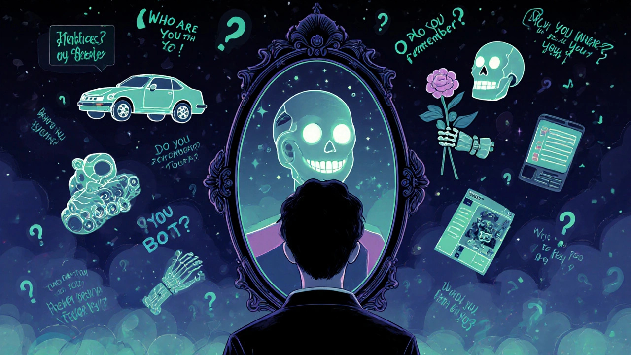 A person facing a mirror reflecting an AI smile, surrounded by symbols of modern technology and whispered existential questions.