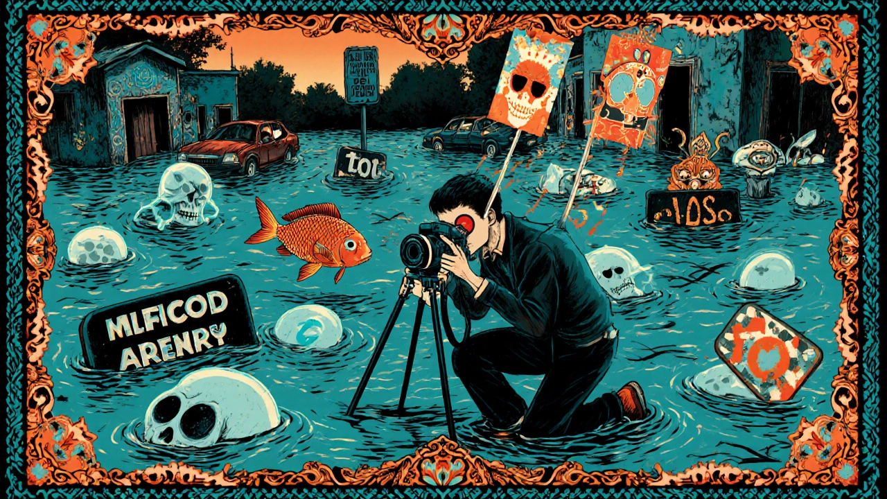 A photographer in a flooded village holds a camera blooming with papel picado, while ghostly fish swim among submerged cars.