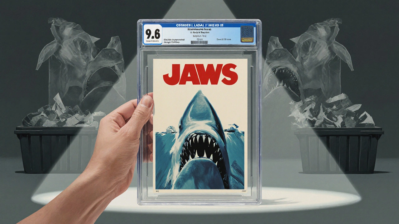 A professional grading hand placing a Jaws poster into a protective sleeve under museum lighting.