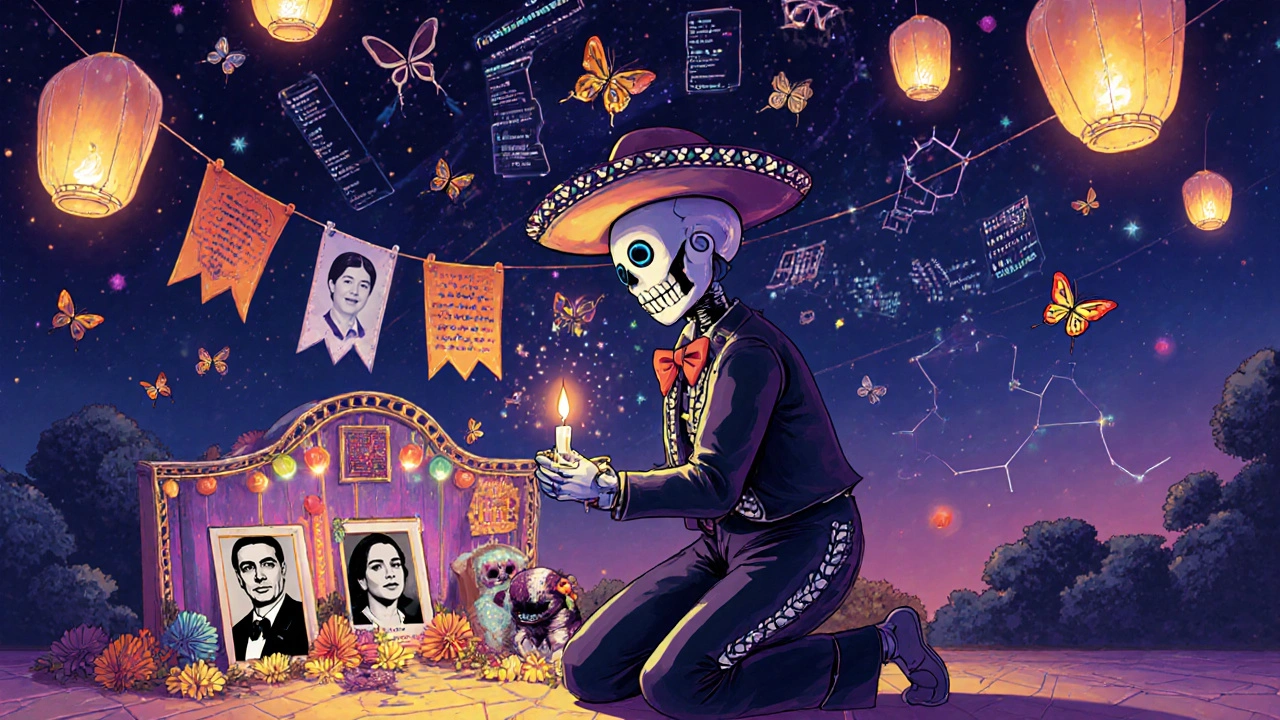 A robot in a charro suit kneeling before a shrine to Asimov and Calvin, with AI algorithms as butterflies and papel picado.