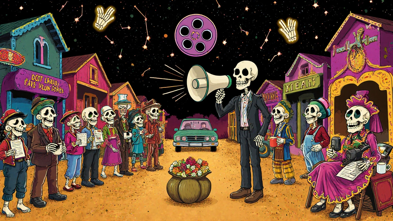 A rural town comes alive with skeleton crew members during an indie film shoot, altars honoring their tools under a starry sky filled with film reels.