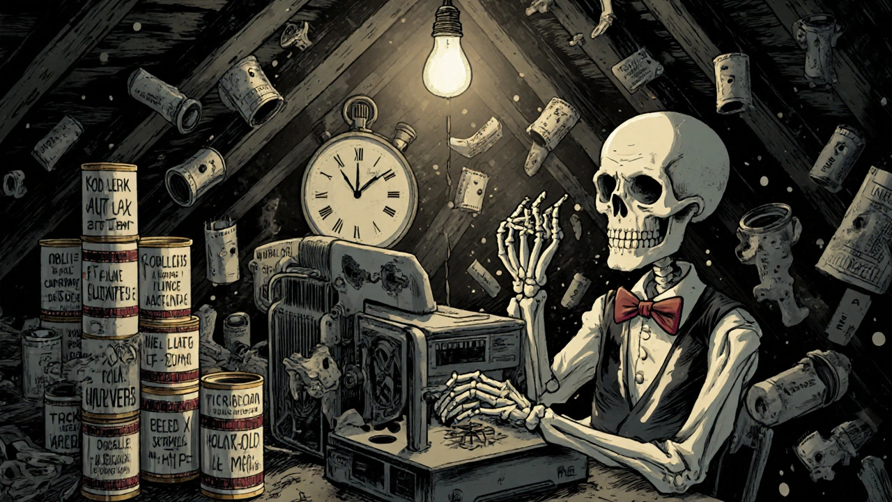 A skeletal filmmaker edits film in an attic, surrounded by floating film strips and broken camera lenses.