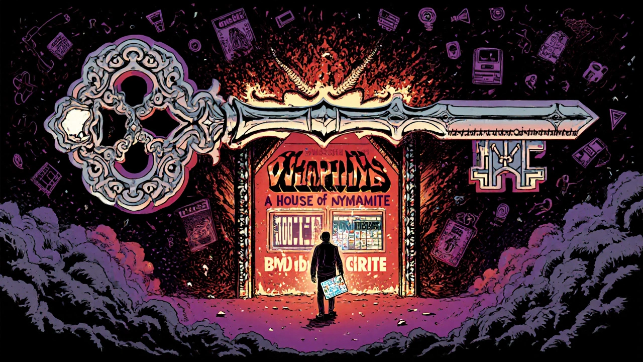 A skeleton key unlocking a movie theater portal with &#039;Weapons&#039; and &#039;A House of Dynamite&#039; shining, while misleading review icons crumble to ash.