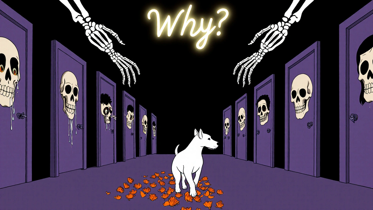 A white terrier walking through endless courtroom doors, each revealing a face, as skeletal hands write &#039;WHY?&#039; above in glowing script.