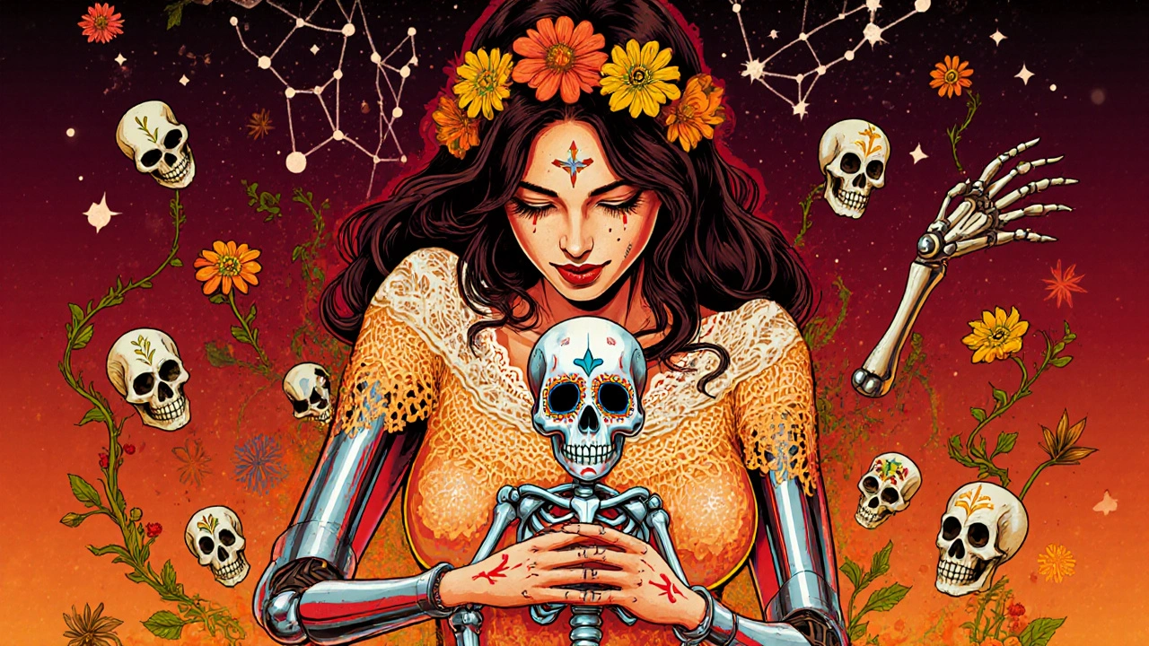 A woman giving birth to a metallic child as her body transforms into skeletal lace and marigold vines, in a surreal Día de los Muertos scene.