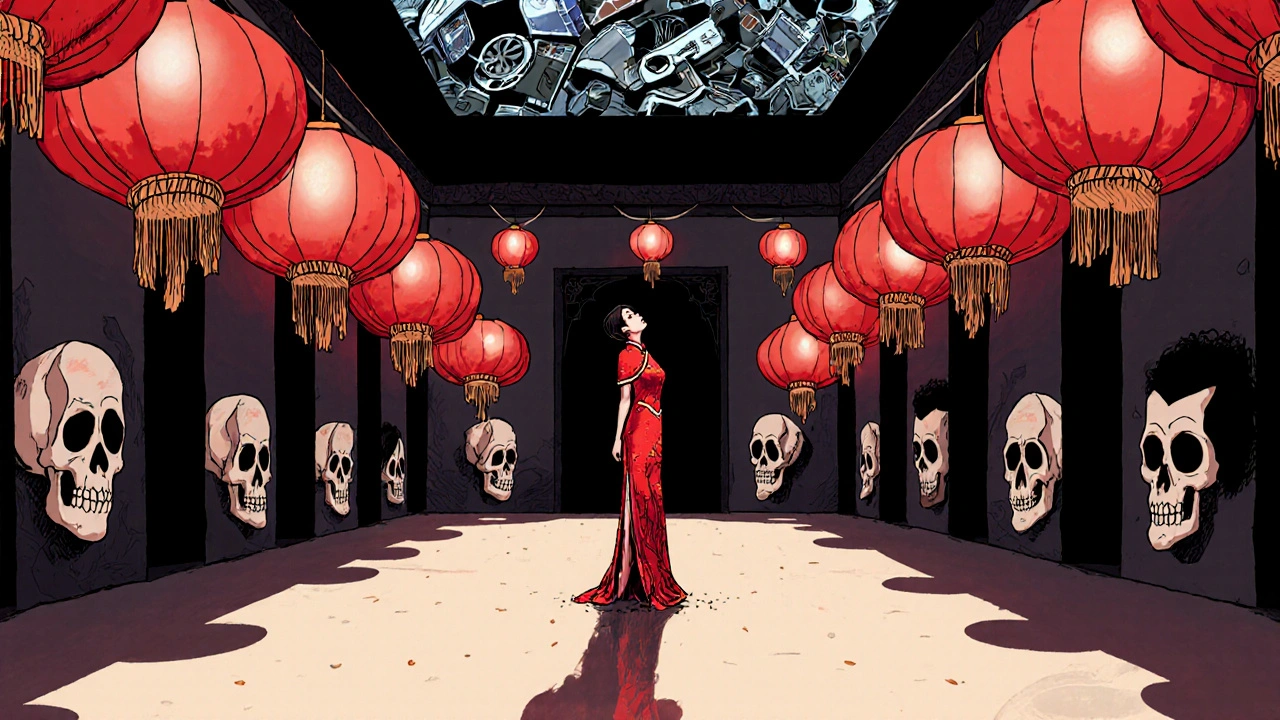 A woman stares at glowing red lanterns in a courtyard, her reflection showing a skeleton, as film reels dissolve into sugar skulls behind her.