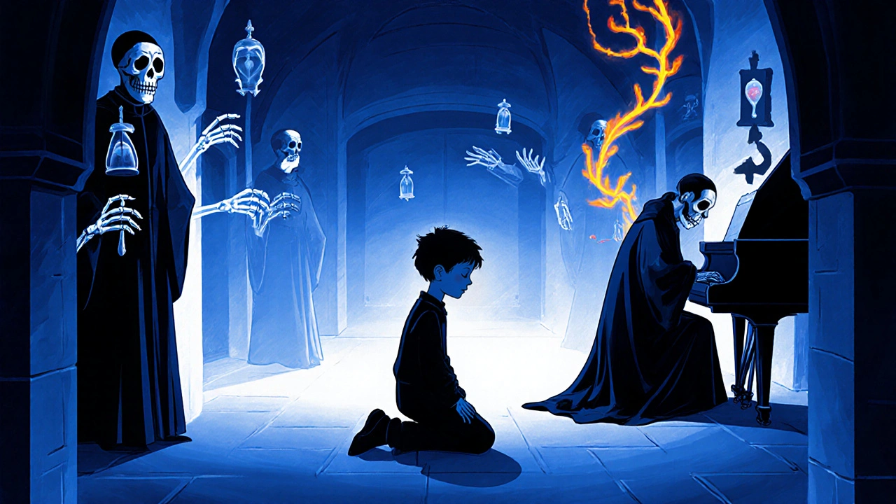 Alexander alone in a cold, blue-lit room with skeletal clergy and ghostly hands reaching from the walls.