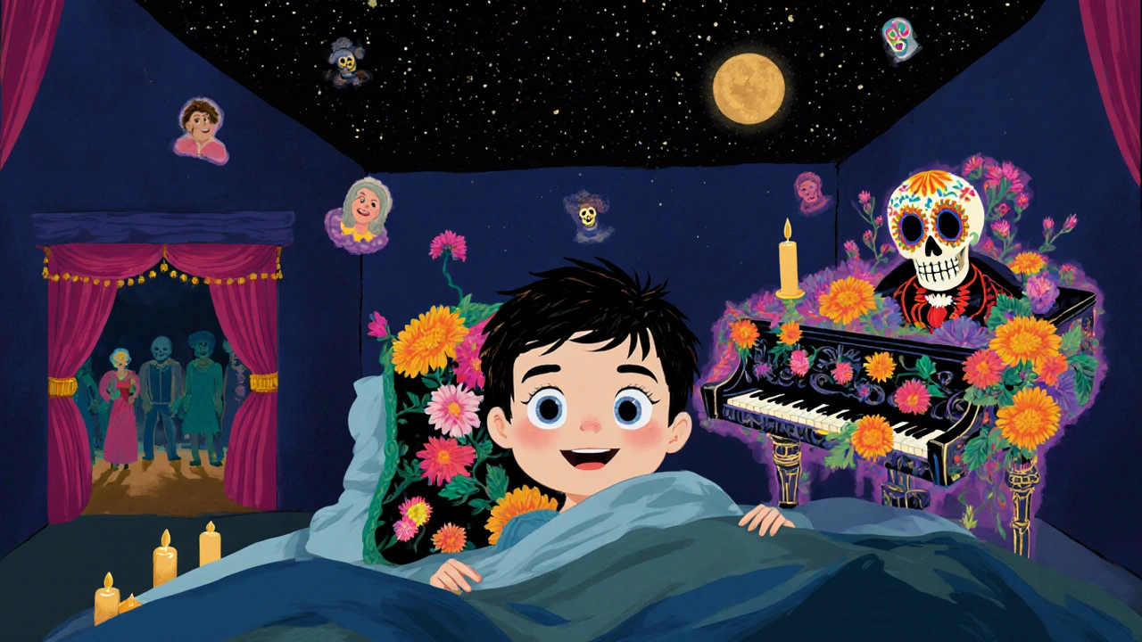 Alexander in bed as his father’s ghostly spirit plays a floral piano, surrounded by floating memories and theater shadows.