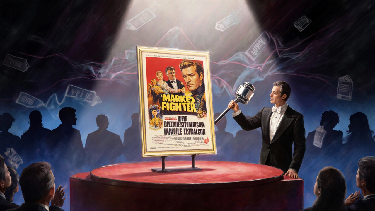 Auction scene with a movie poster highlighted under spotlight as a gavel hovers.