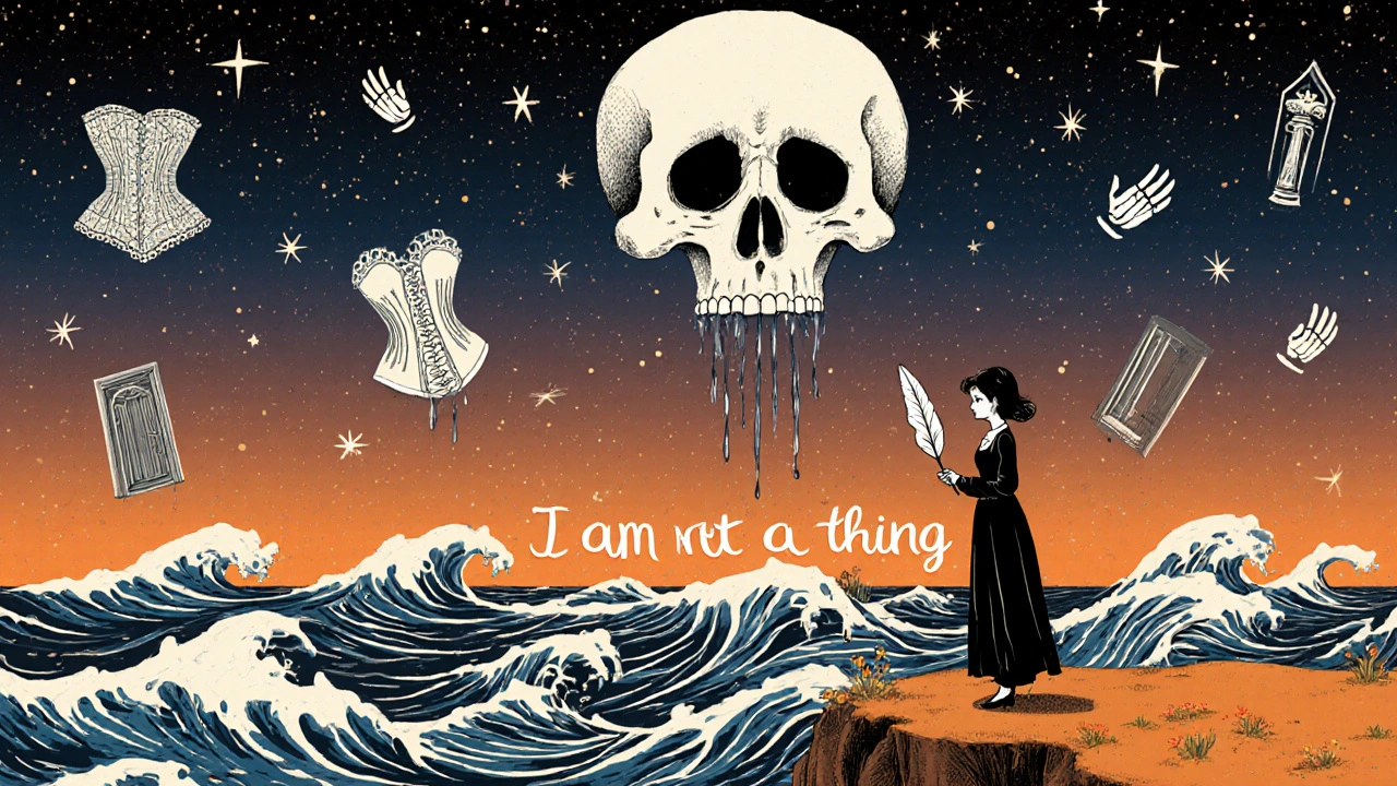 Bella stands on a cliff at dusk, holding a quill, with a skull-shaped sky and ocean writing &#039;I am not a thing&#039; in bone-white script.