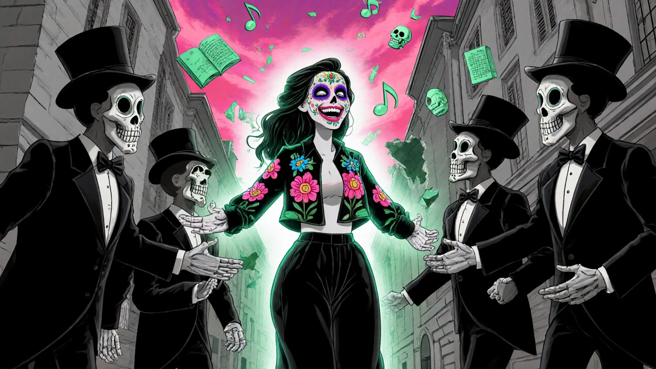 Bella walks through a surreal festival in loose clothing, adorned with sugar skull patterns, as shadowy men reach for her amid floating books and mirrors.
