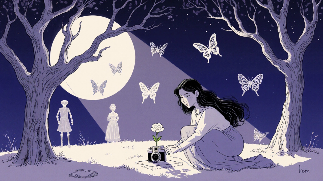 Chloé Zhao placing a flower on a film camera grave, surrounded by paper butterflies and ghostly Shakespearean figures.