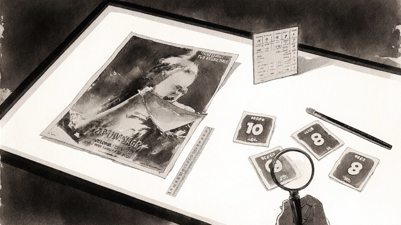 Close‑up of a movie poster being graded with a magnifying glass and grading cards.