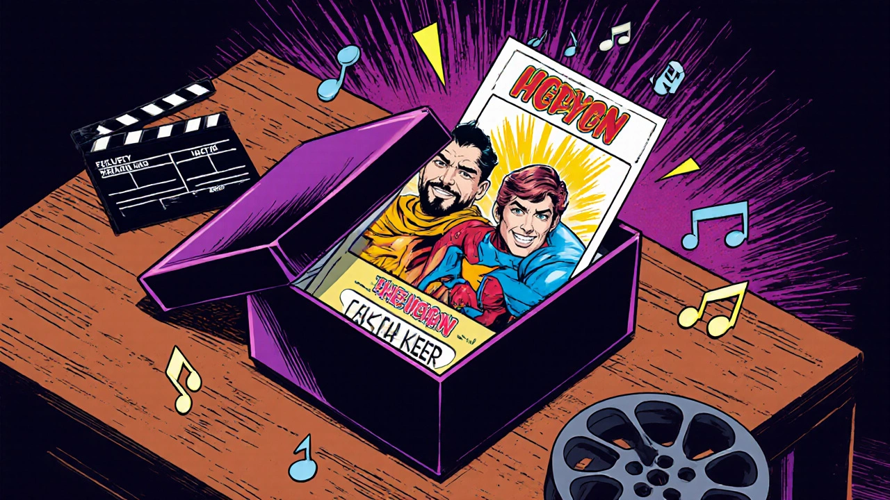 Comic style scene of an opened gift box revealing a custom movie poster.