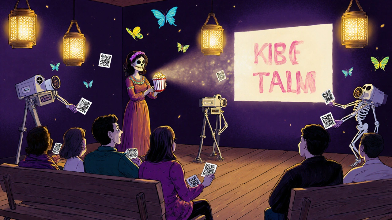 Community screening at night with lantern projectors, audience watching a film, skeletal volunteers handing out QR codes.