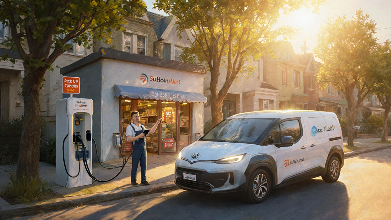 Electric delivery van charging beside a pop‑up store, owner checking fuel price alert.