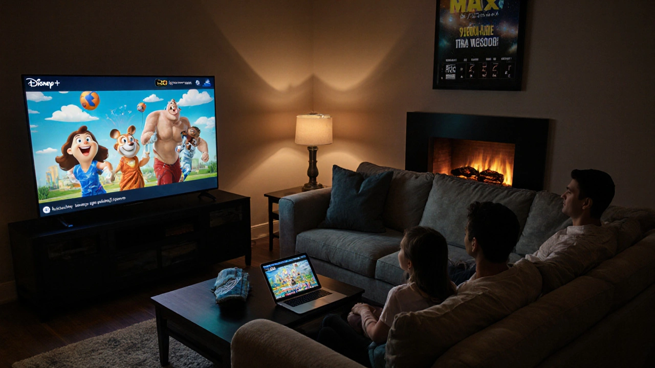 Family enjoying movies and shows on multiple TVs and devices in a cozy living room.