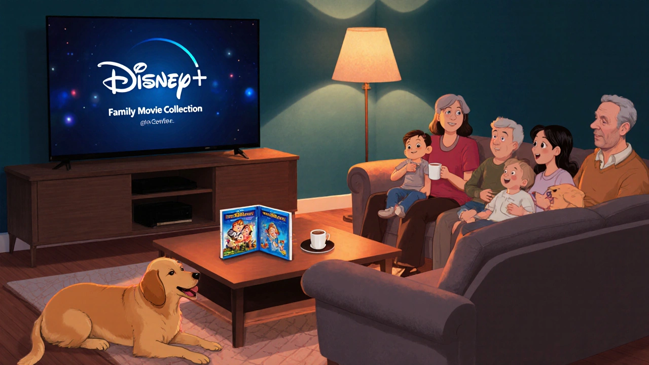 Family watching movies together with DVDs and a Disney+ logo on TV.
