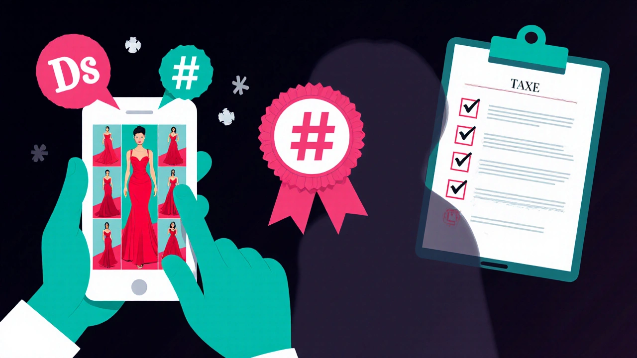 Fan viewing red‑carpet photos on a phone with subtle icons hinting at sponsorship, hashtags, and tax deductions.
