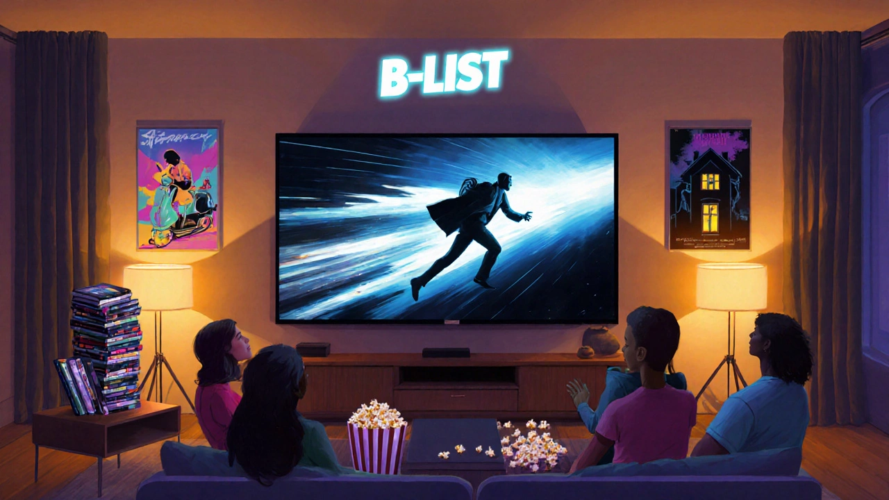 Fans watching a cult‑favorite B‑list movie on a screen in a cozy living room.