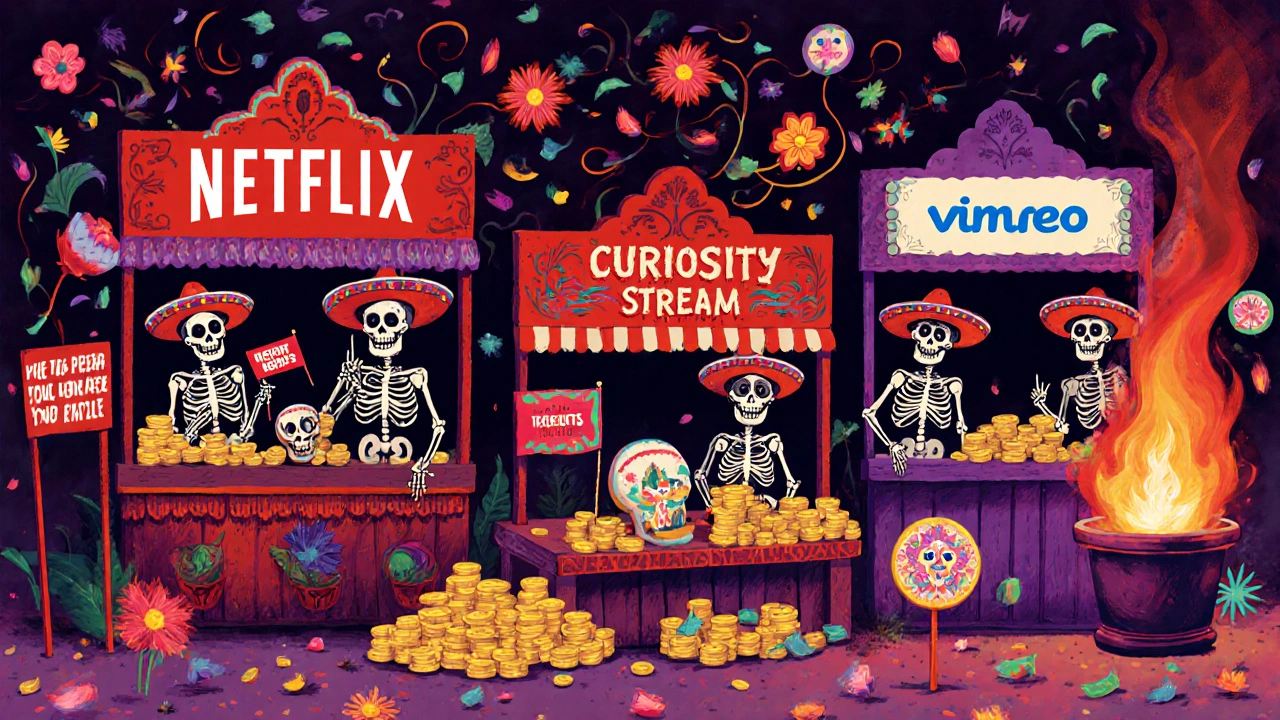 Filmmakers trade documentaries at three stalls in a Day of the Dead market, each offering different revenue models and rights options.