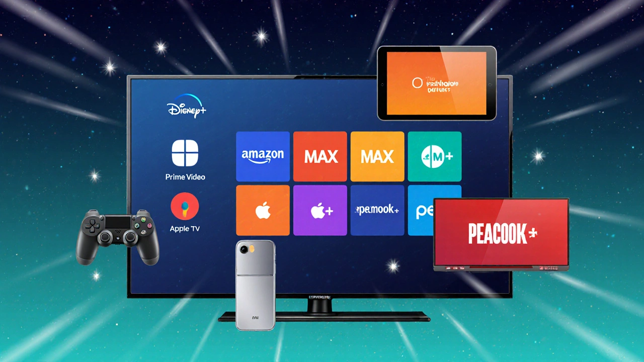 Flat‑design collage of six devices each showing colorful streaming service cues.