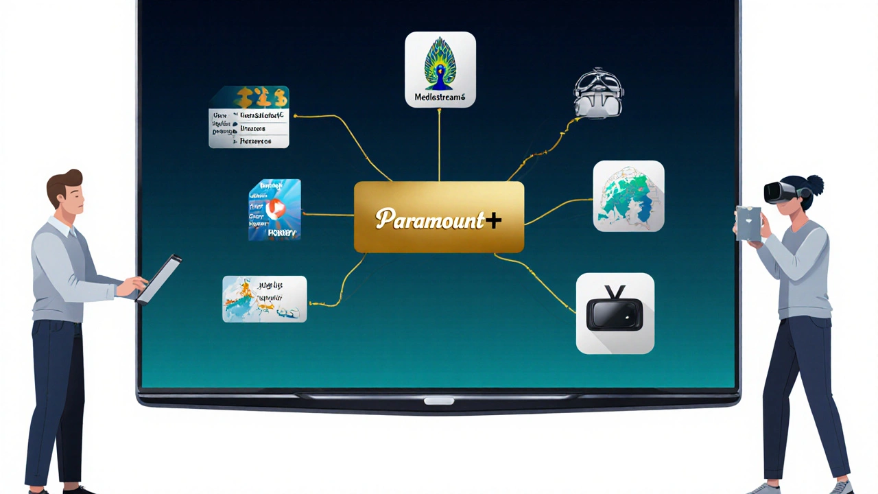Flat‑design decision tree on a tablet highlighting Paramount+ among other streaming platforms.