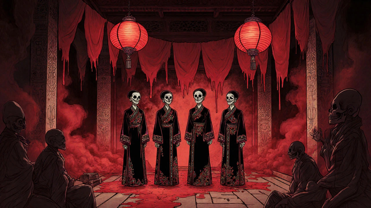 Four ghostly women stand in a crimson dye factory, surrounded by floating lanterns and bone-carved walls, their faces half-skull.