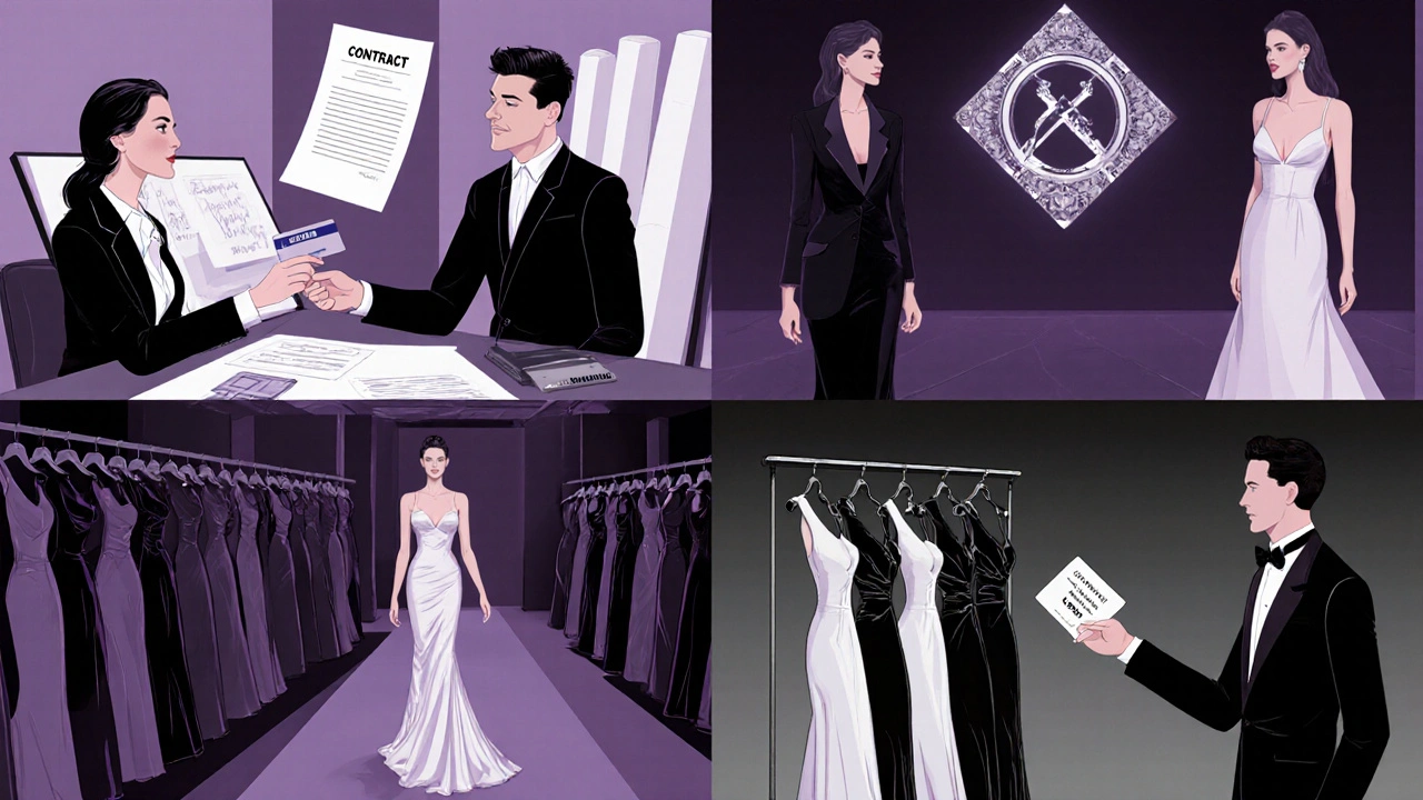 Four panels showing different ways a celebrity dress is paid: self‑paid, stylist‑paid, brand sponsorship, and rental.