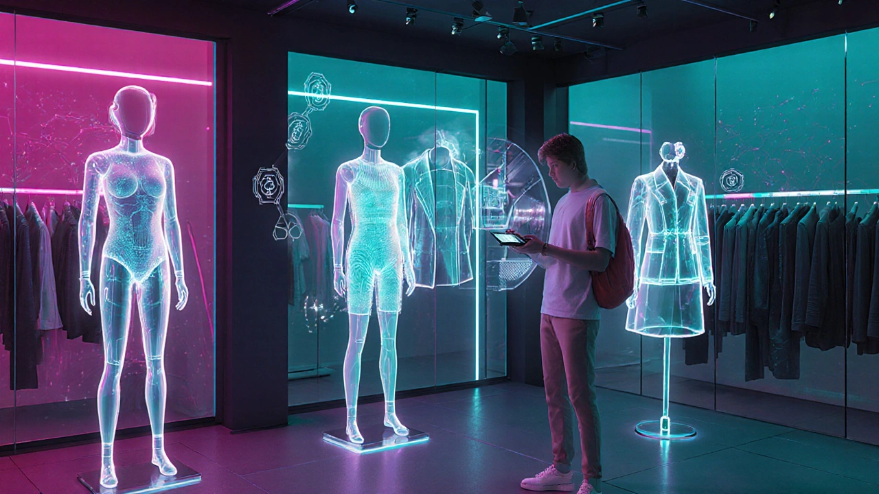 Futuristic boutique with holographic mannequins and a garment’s recycling animation.
