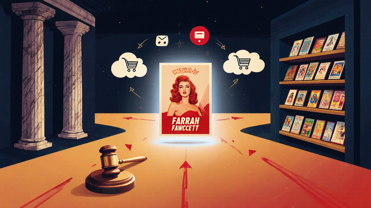 Illustration of auction house, vintage shop, and online marketplace paths leading to a Farrah poster.