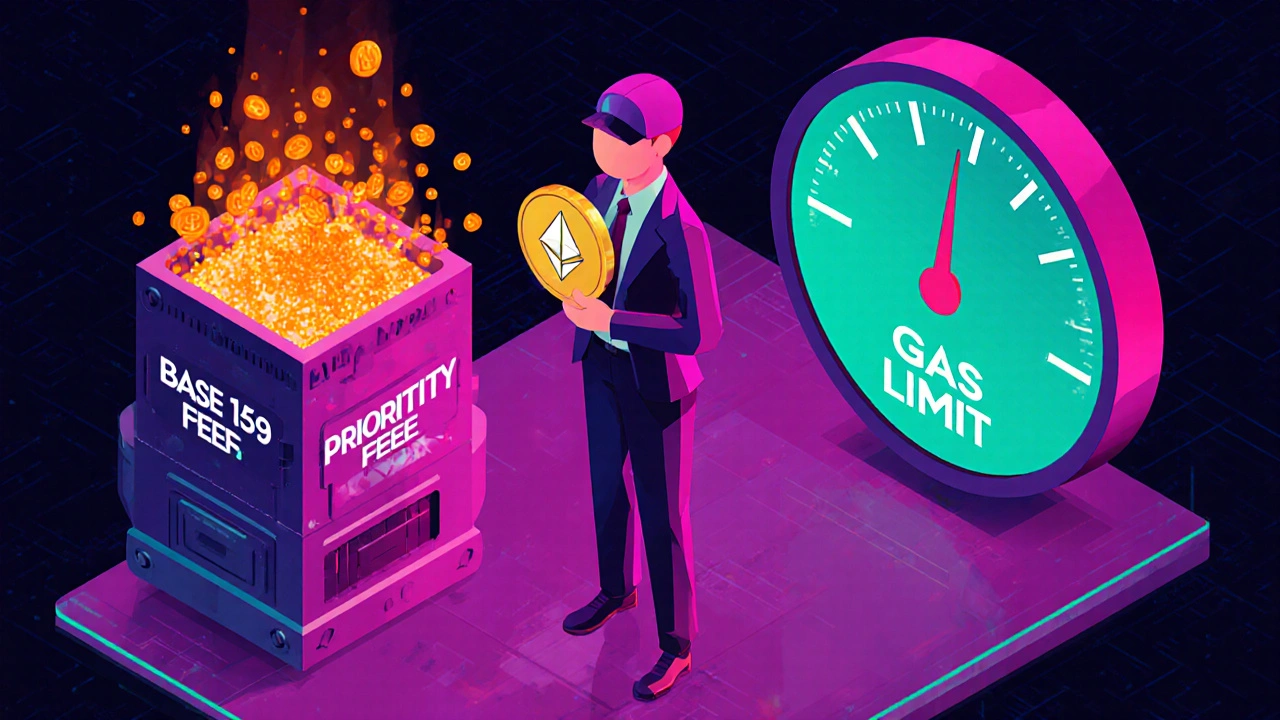Illustration of EIP‑1559 showing a burning base fee furnace, a validator receiving a tip, and a gas limit gauge.