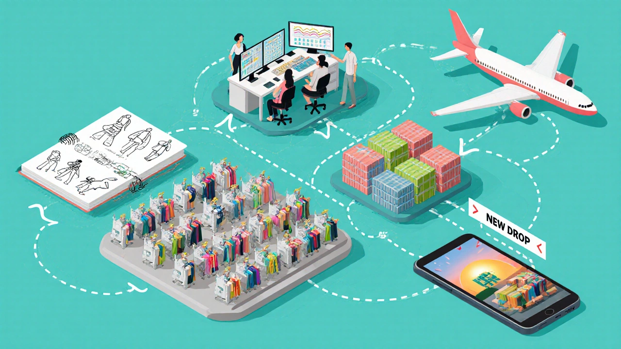 Isometric illustration showing design sketches, factory, cargo plane, and online store.