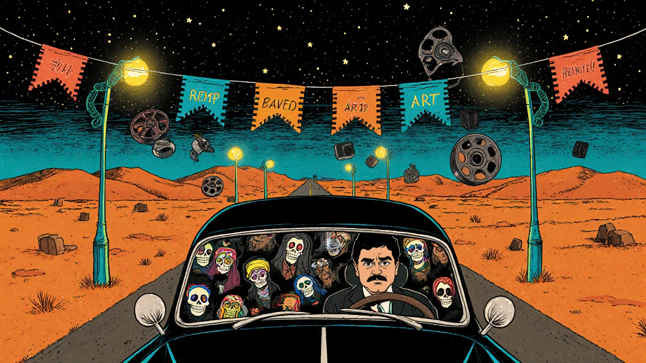 Jafar Panahi driving a car filled with shadowy figures and floating film reels under a starry desert sky.
