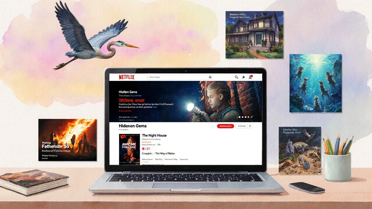 Laptop screen showing Netflix hidden gems, surrounded by watercolor sketches of five lesser‑known movies.