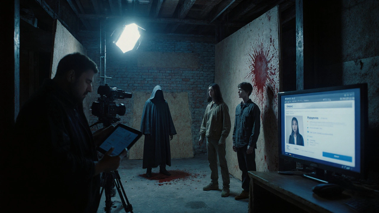 Low‑budget horror set at night with crew, actors, and a streaming monitor.
