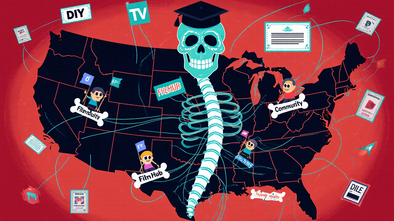 Map of the Americas as a skeleton with streaming platforms as bones, filmmakers riding ribs, glowing revenue streams.