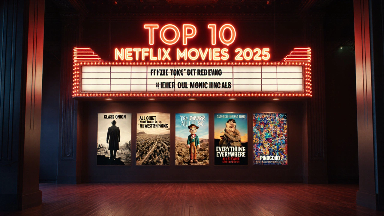 Movie theater lobby marquee displaying "Top 10 Netflix Movies 2025" with vibrant posters of featured films.