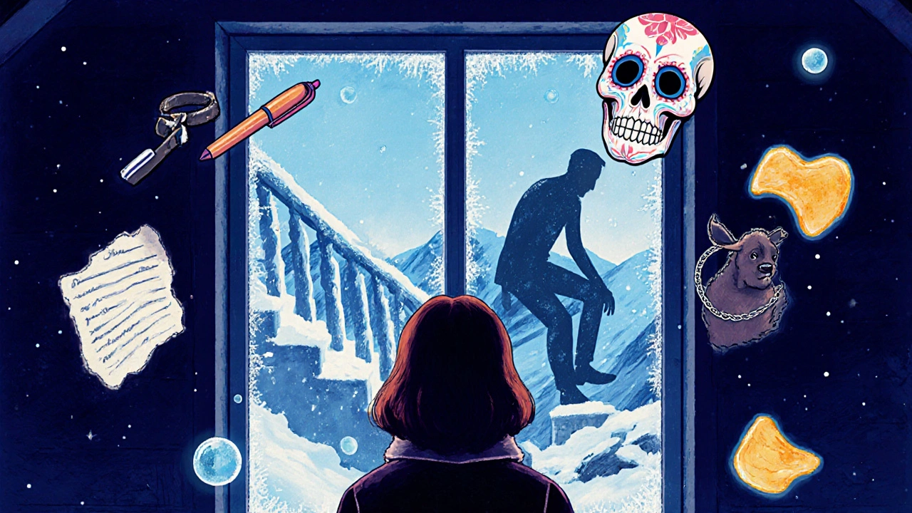 Sandra at a frosty window, her reflection showing her husband falling, with floating objects from their marriage glowing in skull-paint colors.